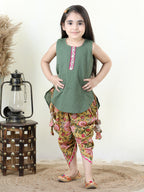 Yellow Floral printed dhoti paired with Green katha Kurti with a lace border at the neckline