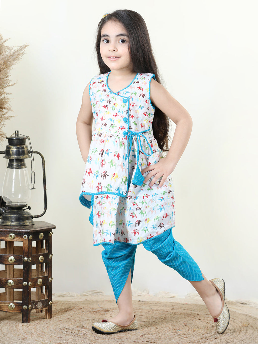 Elephant printed kurti with Blue katha  dhoti