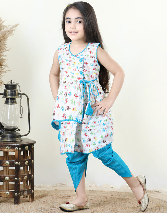 Elephant printed kurti with Blue katha  dhoti