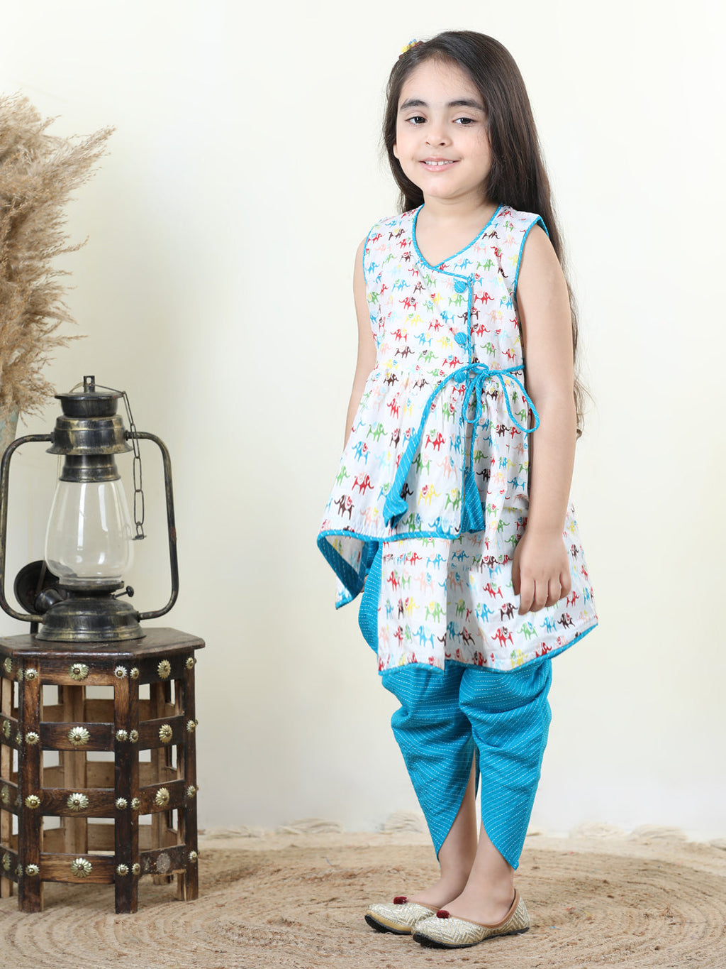 Elephant printed kurti with Blue katha  dhoti