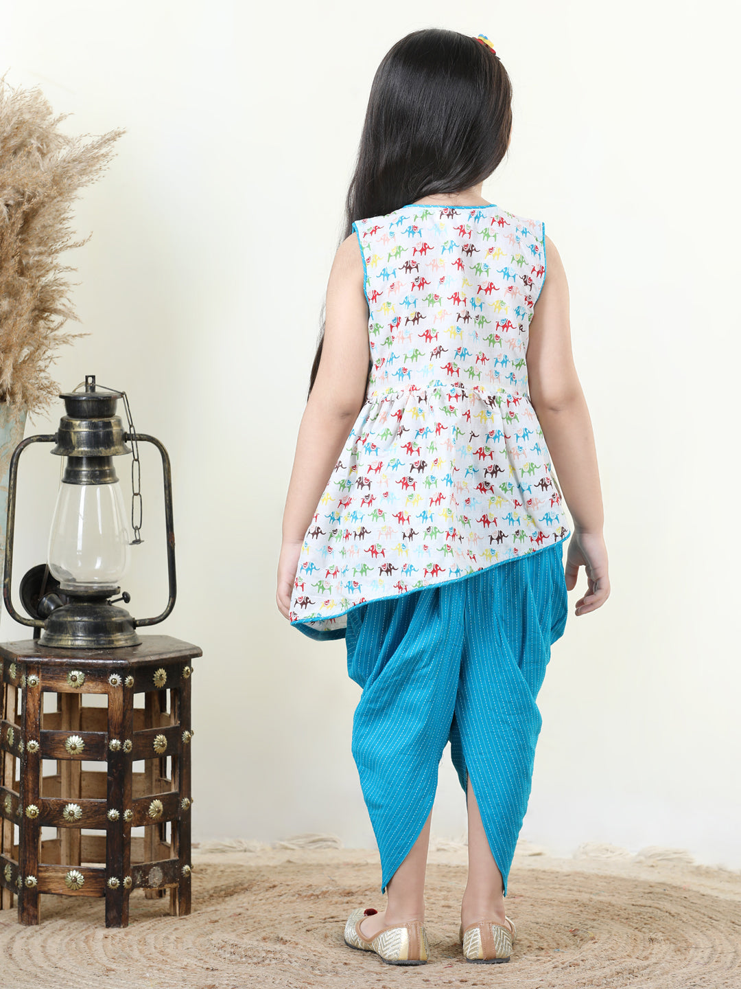 Elephant printed kurti with Blue katha  dhoti