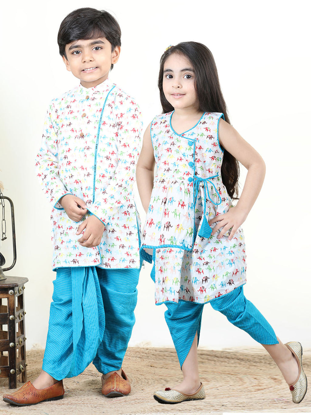 Elephant printed kurti with Blue katha  dhoti