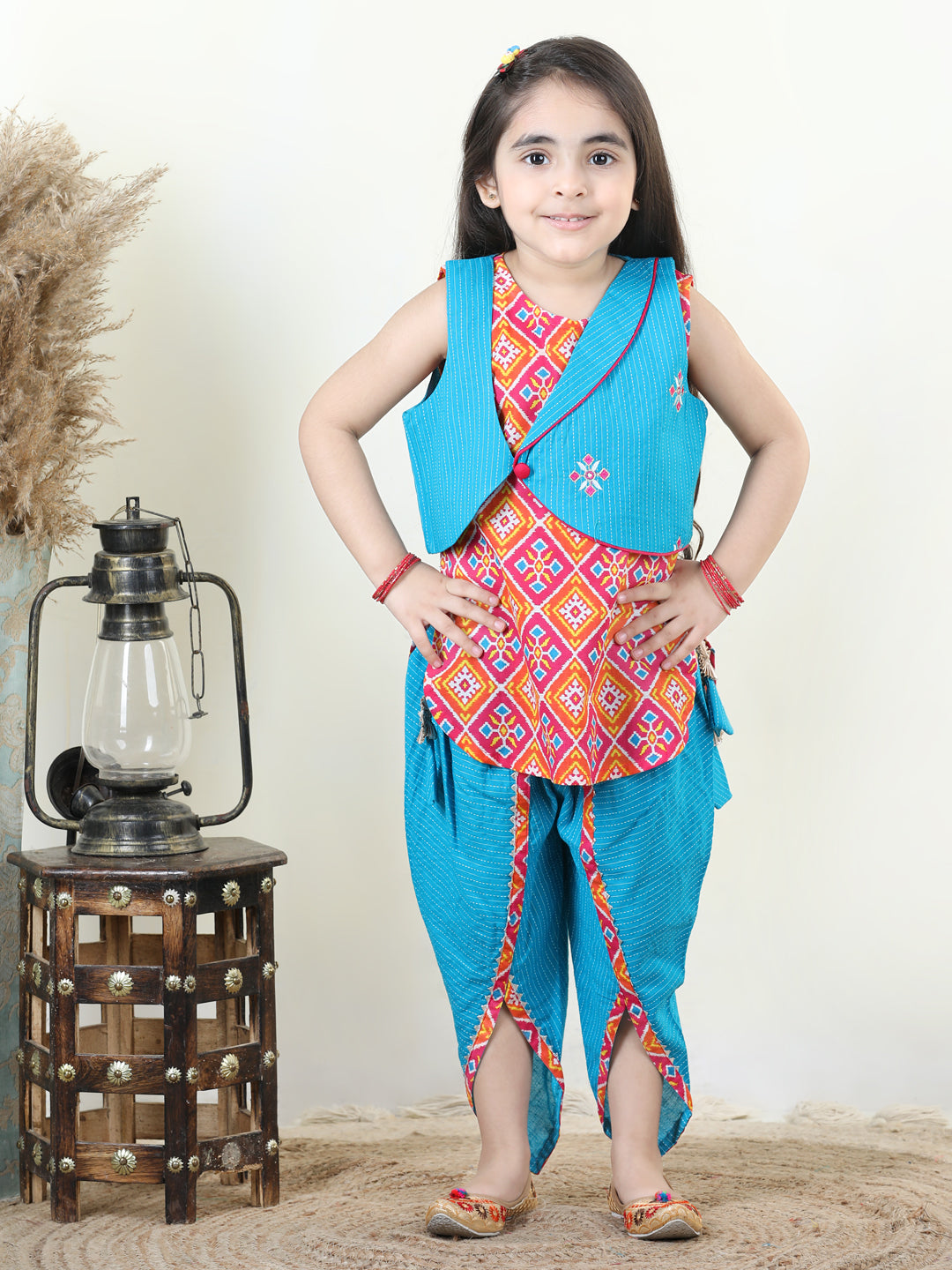 Patola printed dhoti kurti with Blue katha  dhoti and embroidered Jacket