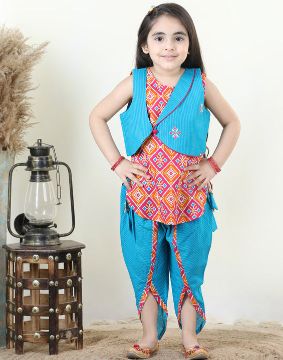 Patola printed dhoti kurti with Blue katha  dhoti and embroidered Jacket