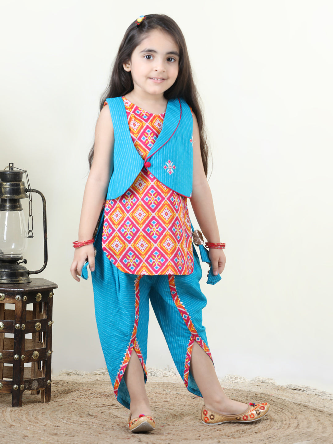 Patola printed dhoti kurti with Blue katha  dhoti and embroidered Jacket