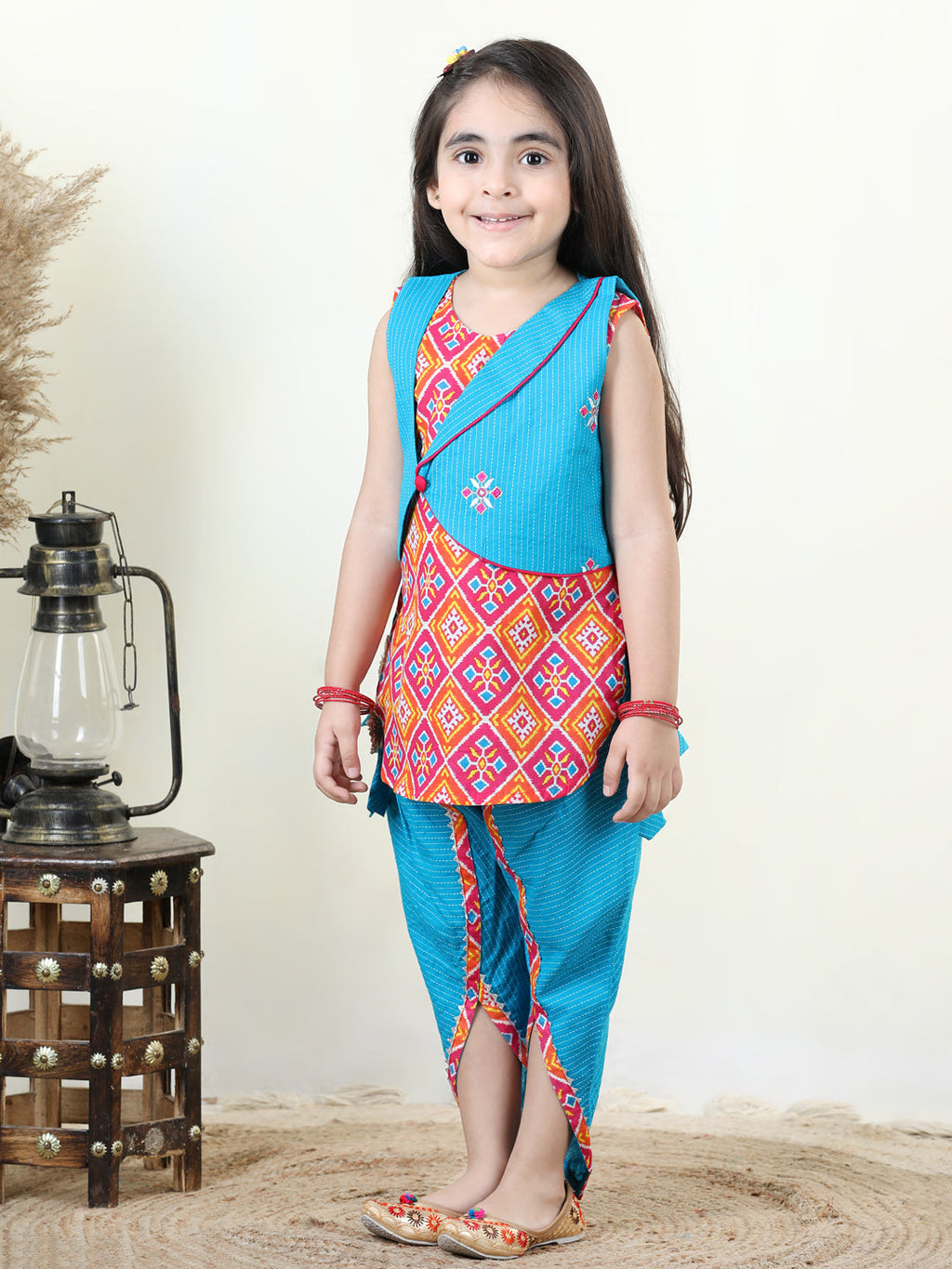 Patola printed dhoti kurti with Blue katha  dhoti and embroidered Jacket