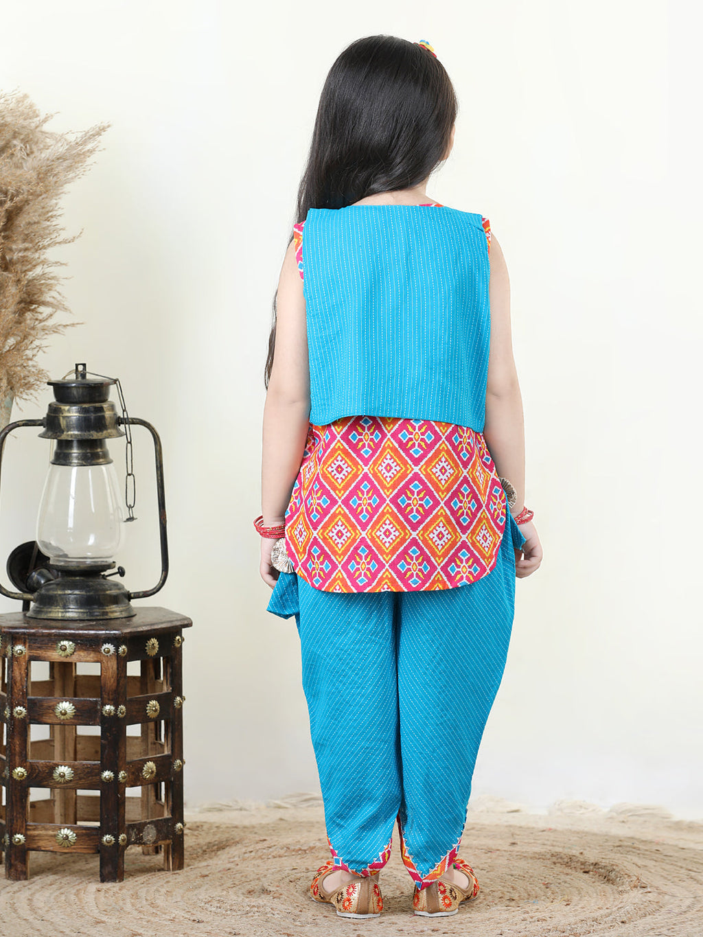 Patola printed dhoti kurti with Blue katha  dhoti and embroidered Jacket