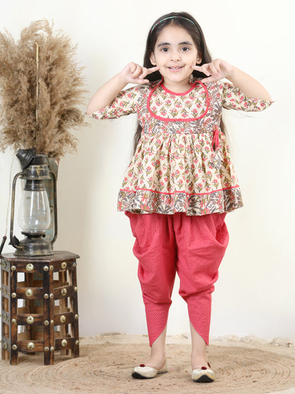 Floral printed Angrakha Style  kurti paired with dhoti- White,  Peach