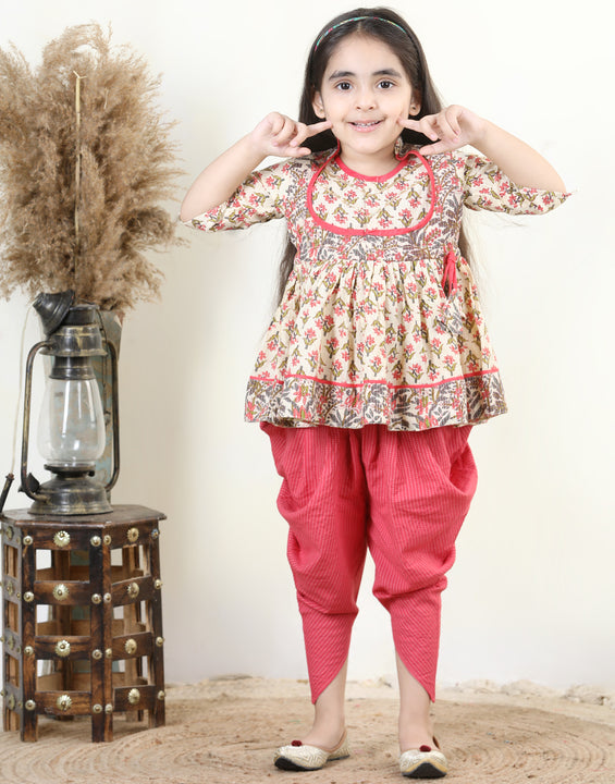 Floral printed Angrakha Style  kurti paired with dhoti- White,  Peach
