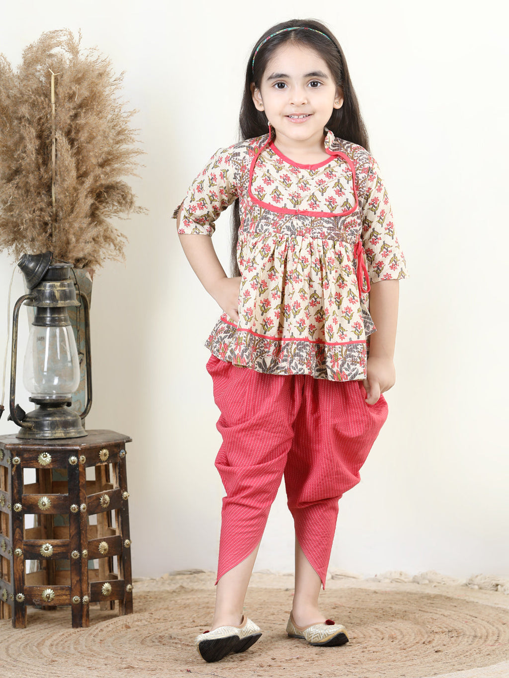 Floral printed Angrakha Style  kurti paired with dhoti- White,  Peach