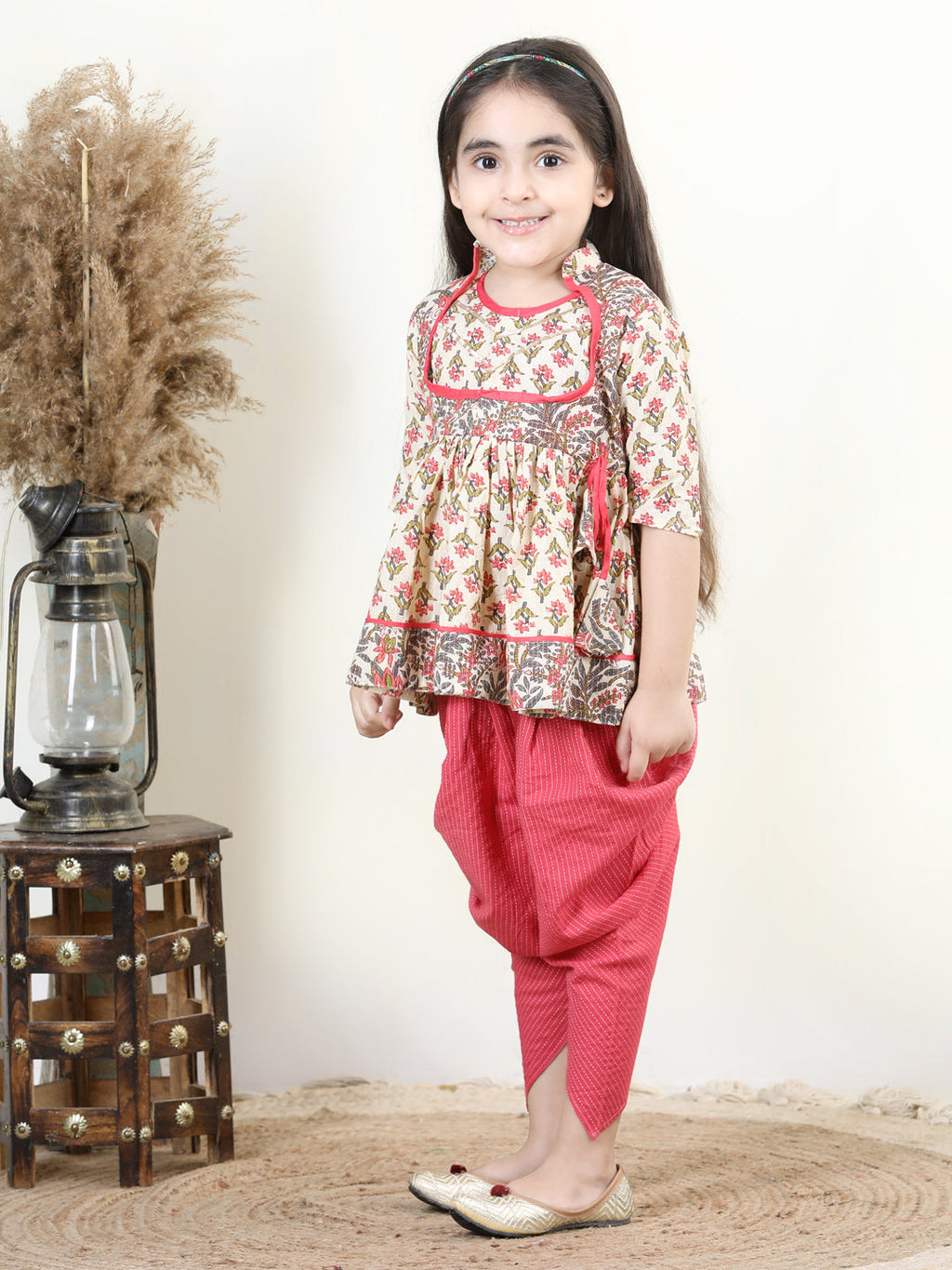 Floral printed Angrakha Style  kurti paired with dhoti- White,  Peach