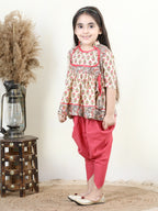 Floral printed Angrakha Style  kurti paired with dhoti- White,  Peach