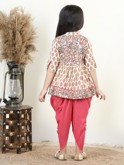 Floral printed Angrakha Style  kurti paired with dhoti- White,  Peach