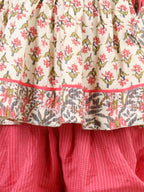 Floral printed Angrakha Style  kurti paired with dhoti- White,  Peach