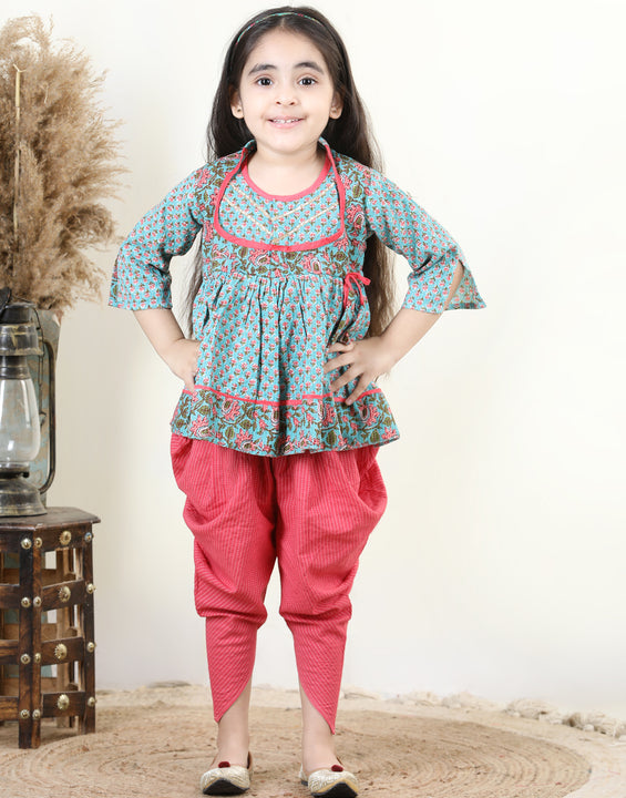 Floral printed Angrakha Style  kurti paired with dhoti- Blue, Peach