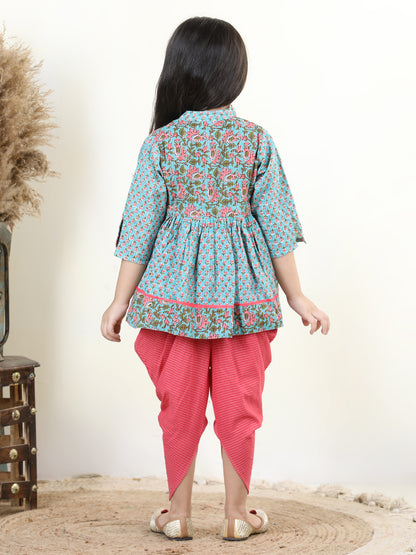 Floral printed Angrakha Style  kurti paired with dhoti- Blue, Peach