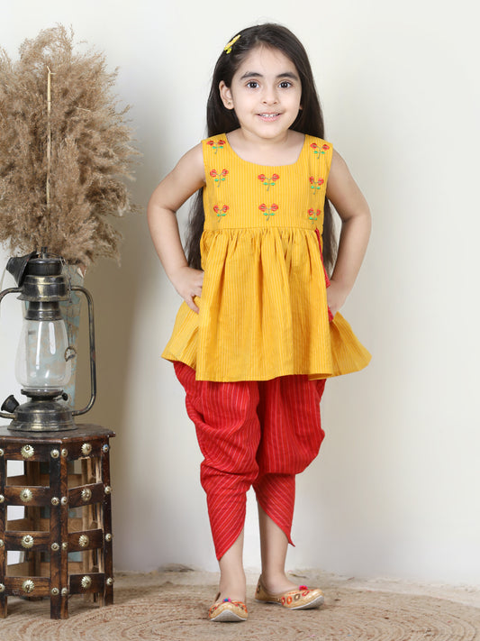 Yellow Embroidered kurti paired with dhoti