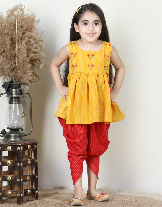 Yellow Embroidered kurti paired with dhoti