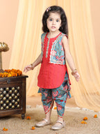 Floral printed dhoti and Jacket paired with katha Kurti