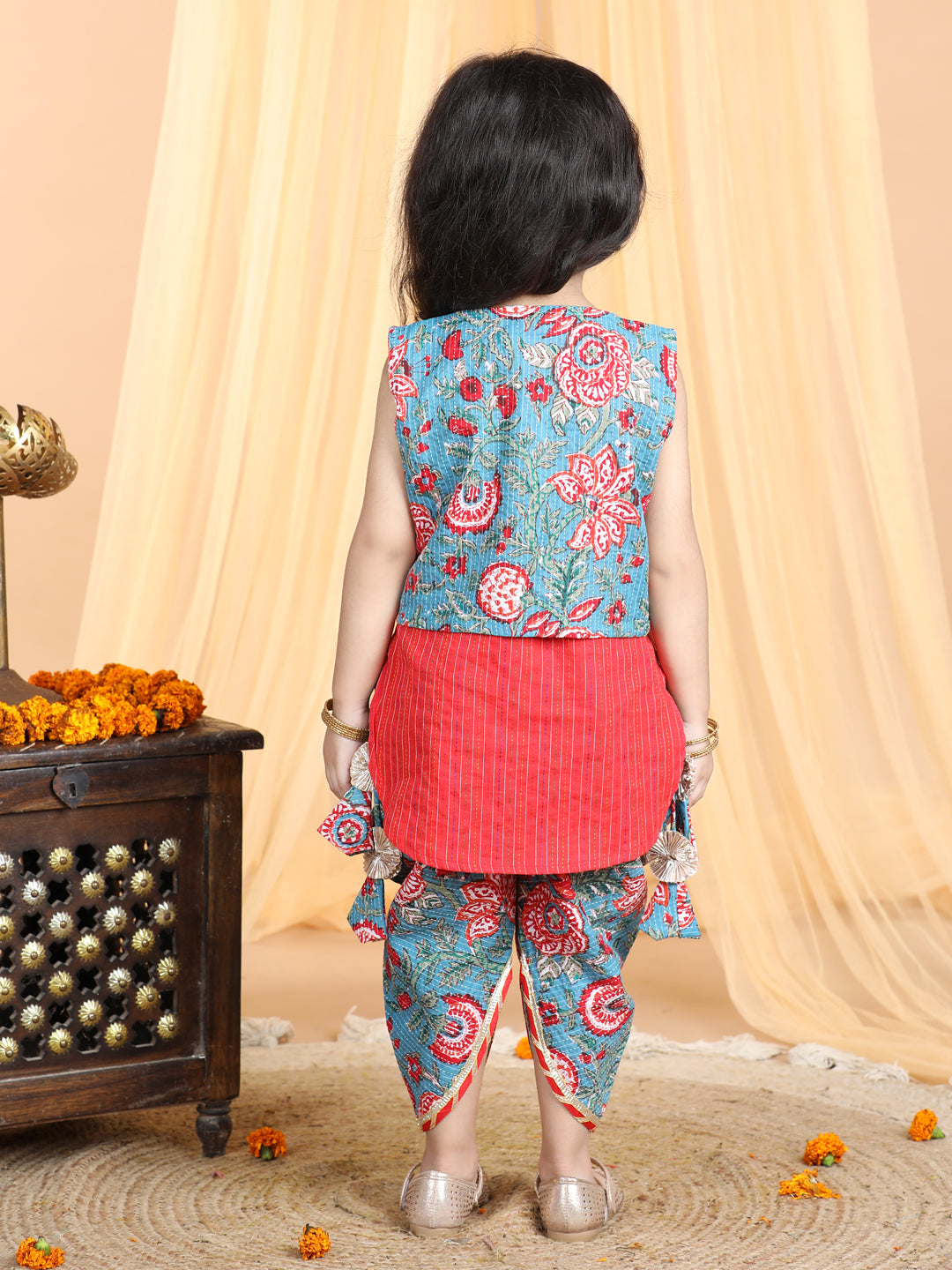 Floral printed dhoti and Jacket paired with katha Kurti