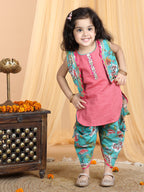 Floral printed dhoti and Jacket paired with Peach katha Kurti