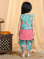 Floral printed dhoti and Jacket paired with Peach katha Kurti