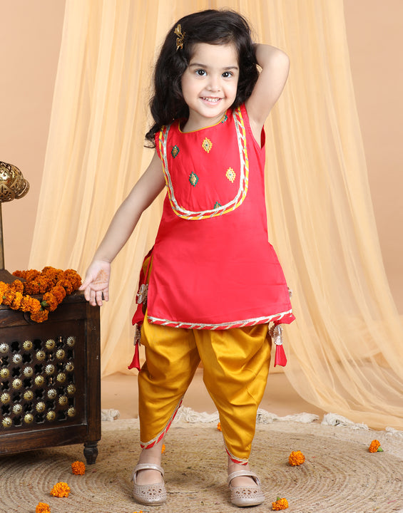 Red Embroidered Sleeveless kurti with dhoti