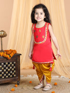 Red Embroidered Sleeveless kurti with dhoti