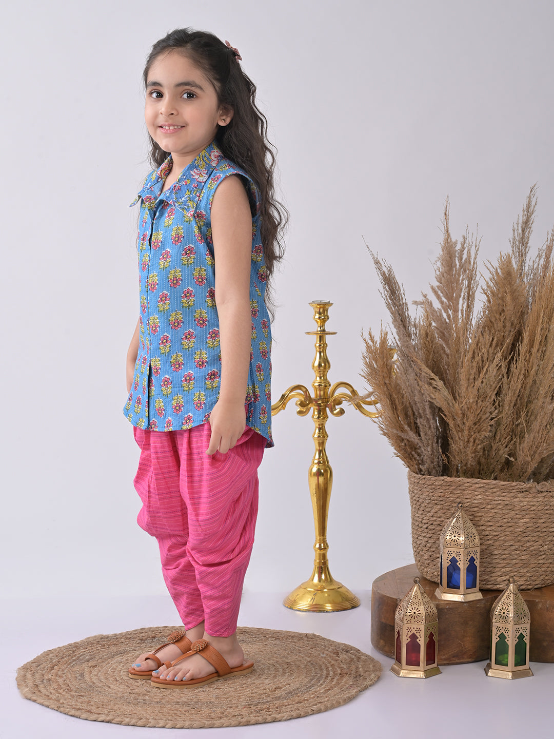 Blue Floral shirt style Kurti with pink katha dhoti