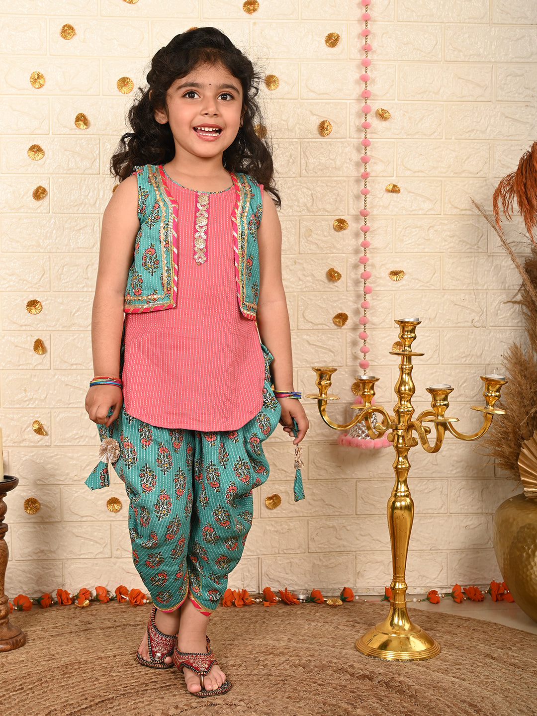 Green Floral printed dhoti and Jacket paired with Peach  Kurti