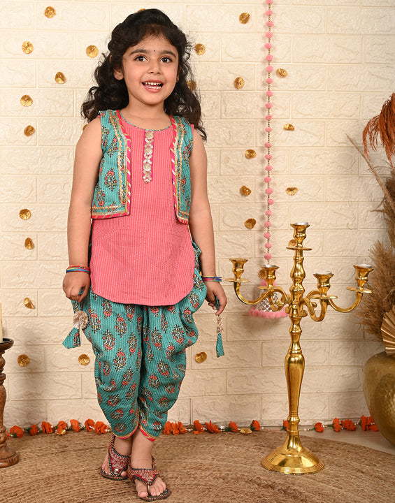 Green Floral printed dhoti and Jacket paired with Peach  Kurti