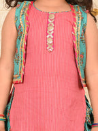 Green Floral printed dhoti and Jacket paired with Peach  Kurti