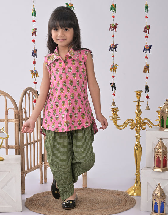 Pink Floral shirt style Kurti with green katha dhoti