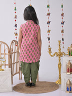 Pink Floral shirt style Kurti with green katha dhoti