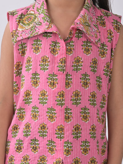 Pink Floral shirt style Kurti with green katha dhoti