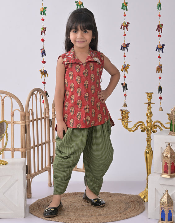 Red Floral shirt style Kurti with green katha dhoti