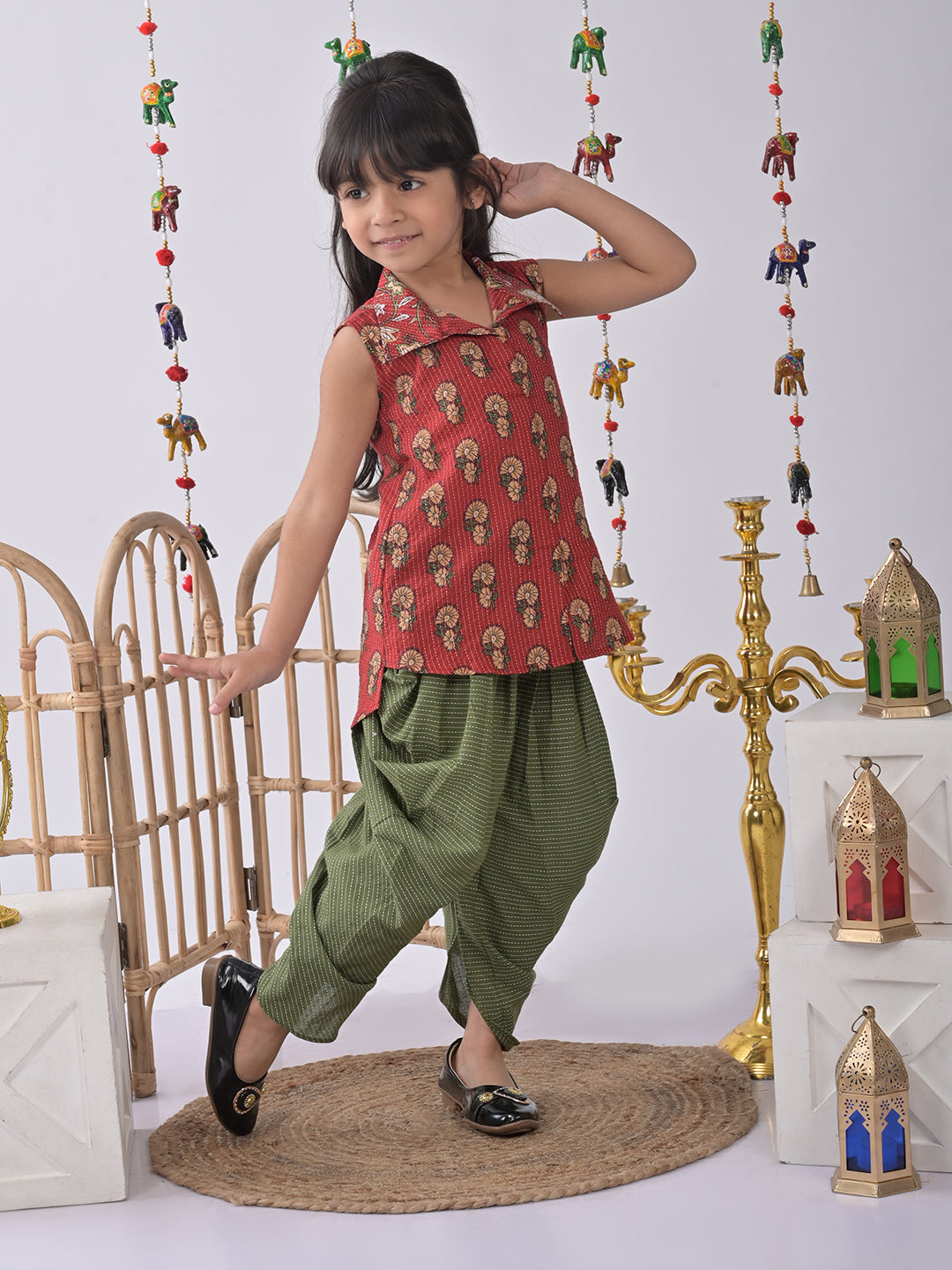 Red Floral shirt style Kurti with green katha dhoti