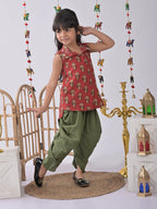 Red Floral shirt style Kurti with green katha dhoti