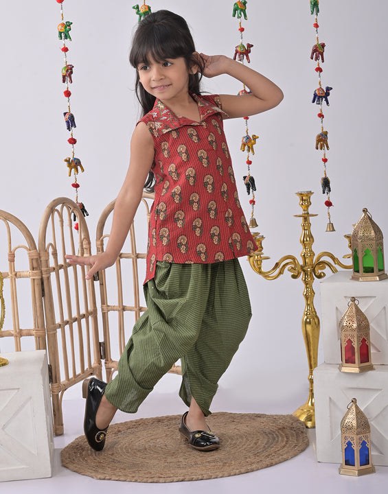 Red Floral shirt style Kurti with green katha dhoti