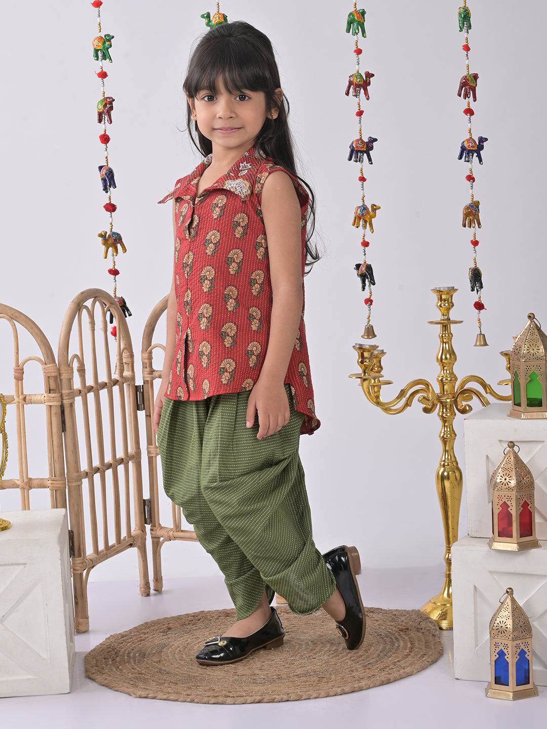 Red Floral shirt style Kurti with green katha dhoti