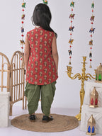 Red Floral shirt style Kurti with green katha dhoti