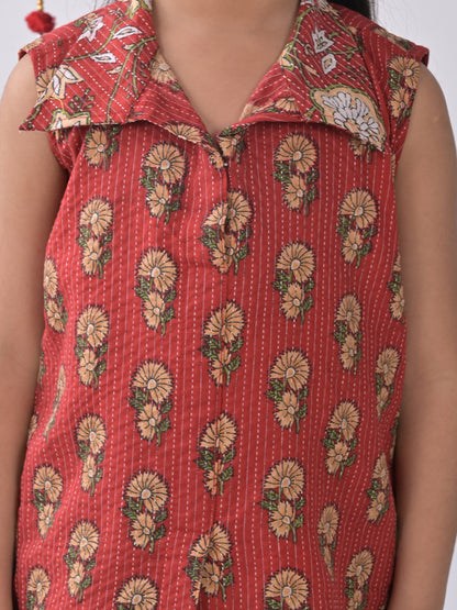 Red Floral shirt style Kurti with green katha dhoti