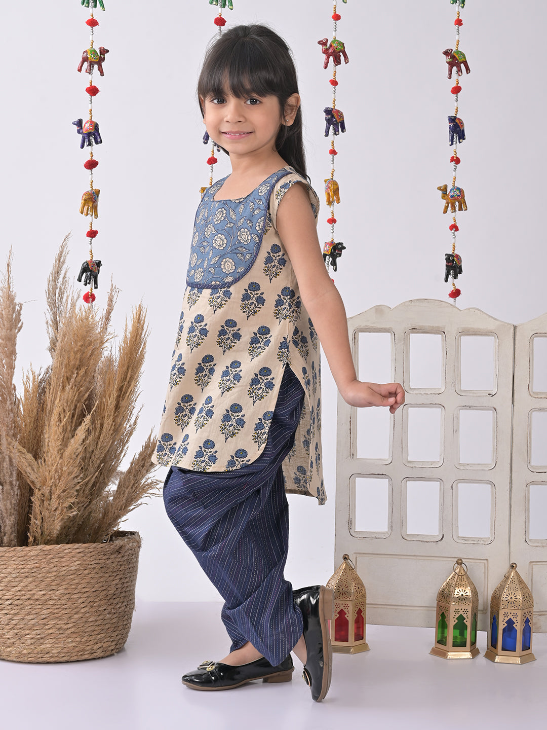Blue and white printed Kurti with blue katha dhoti