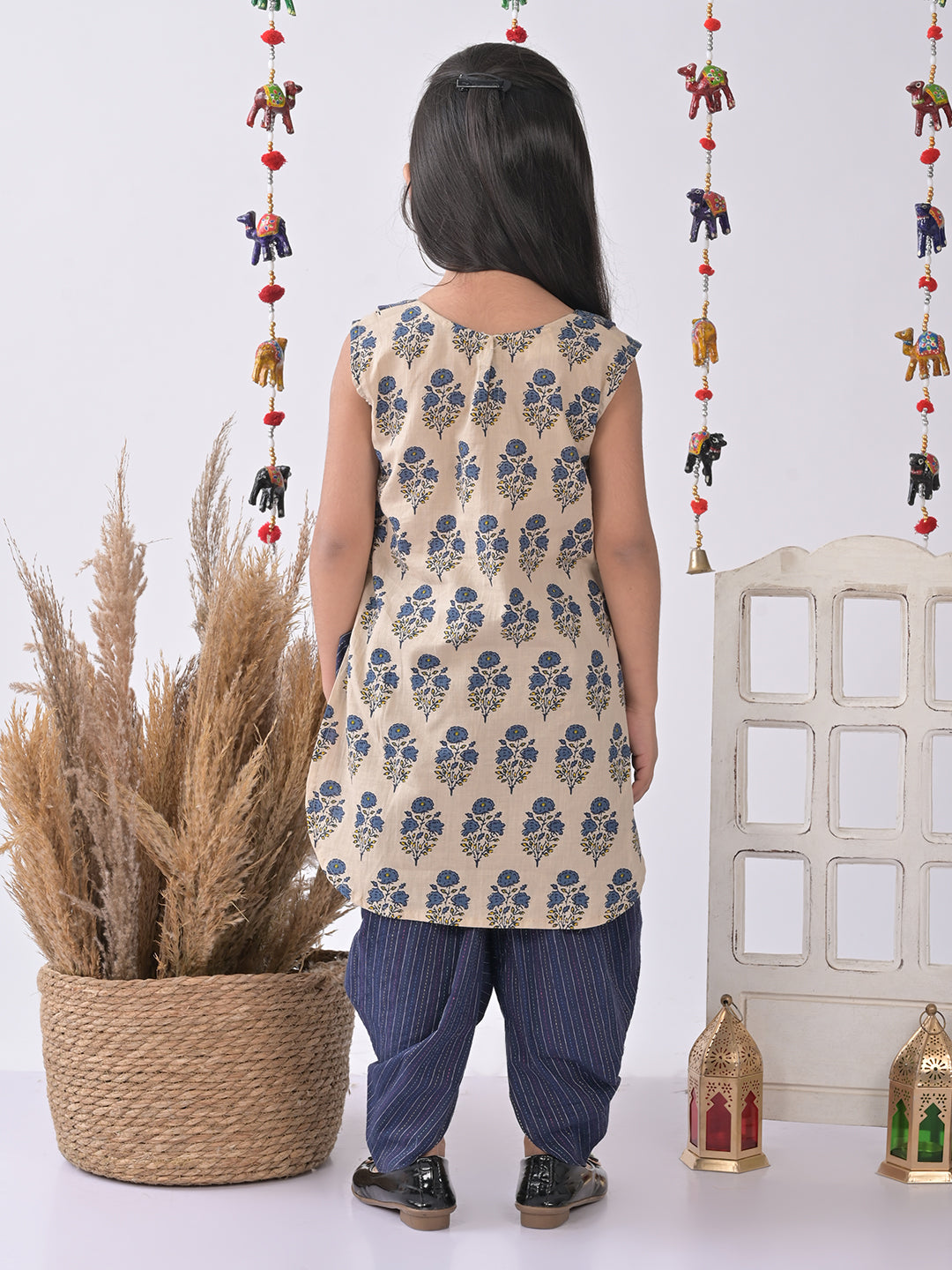 Blue and white printed Kurti with blue katha dhoti