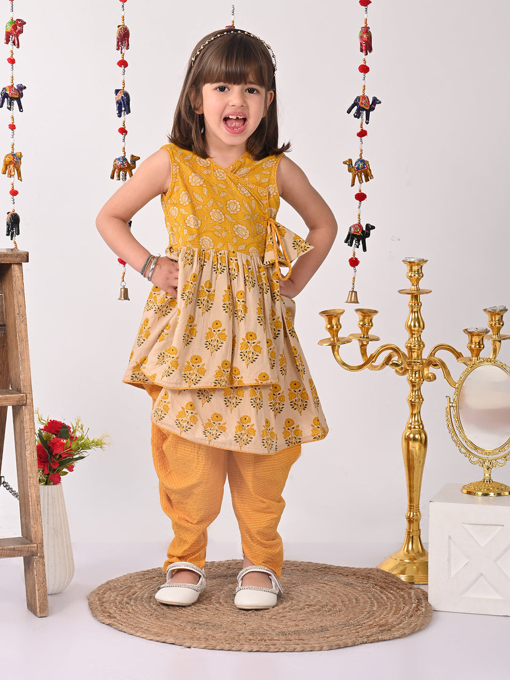 Yellow and white printed high low Kurti with Yellow  dhoti