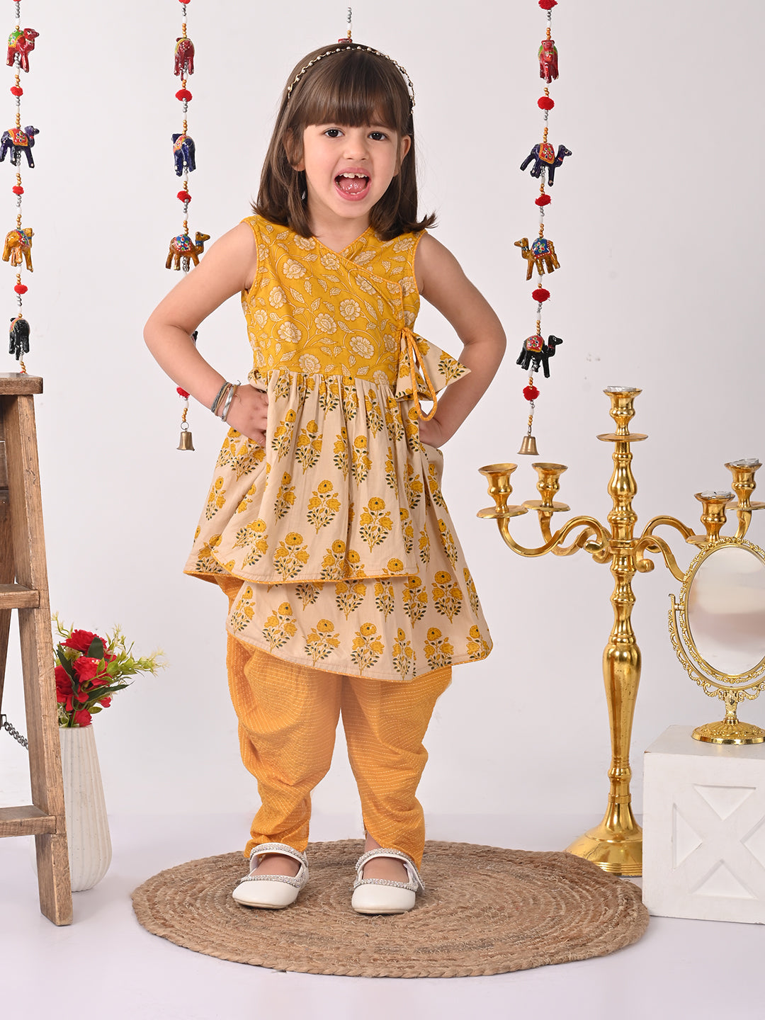 Yellow and white printed high low Kurti with Yellow  dhoti
