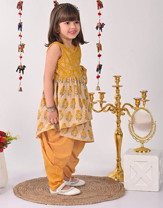 Yellow and white printed high low Kurti with Yellow  dhoti