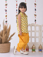 Yellow Floral shirt style Kurti with yellow katha dhoti