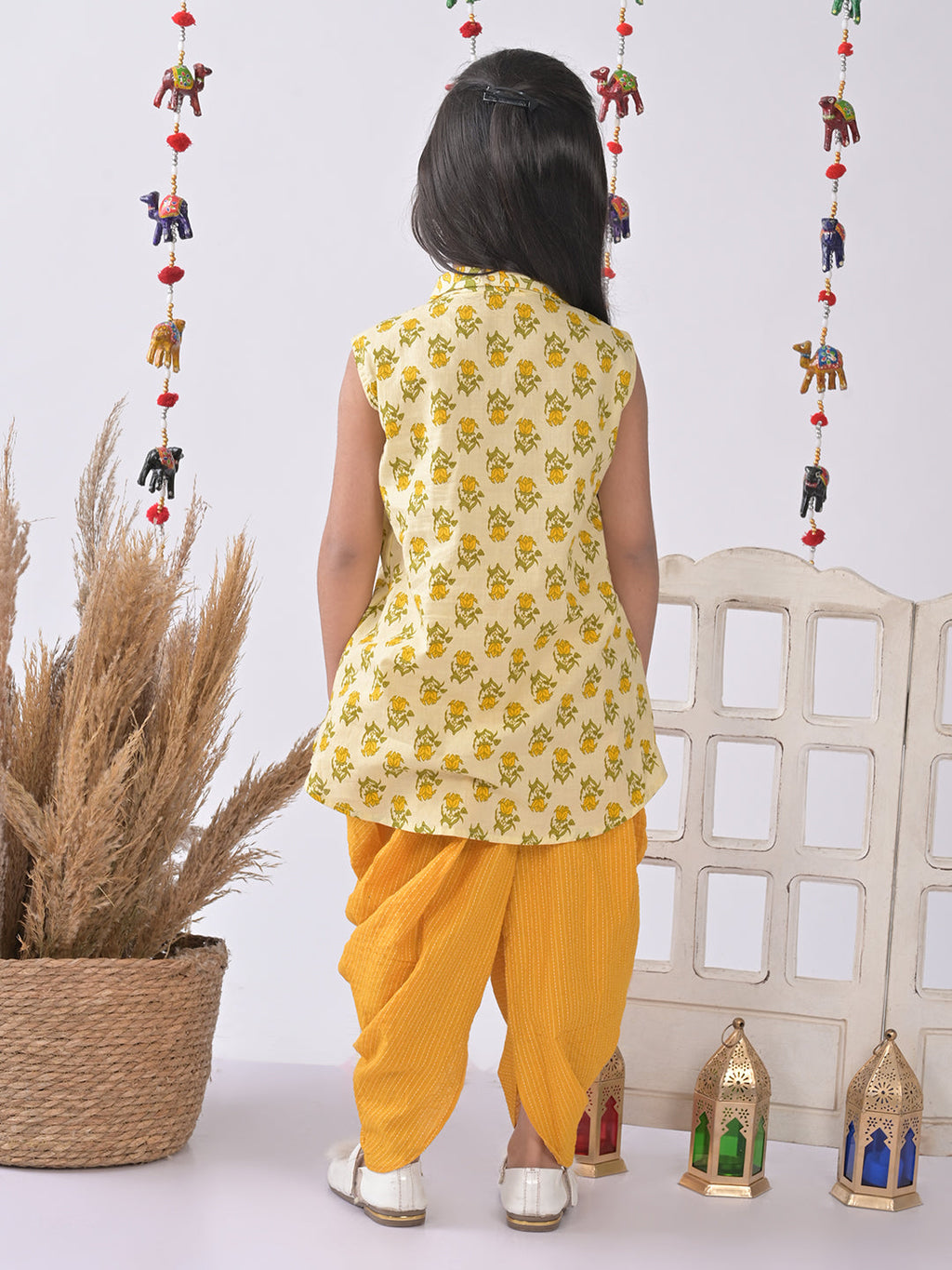 Yellow Floral shirt style Kurti with yellow katha dhoti