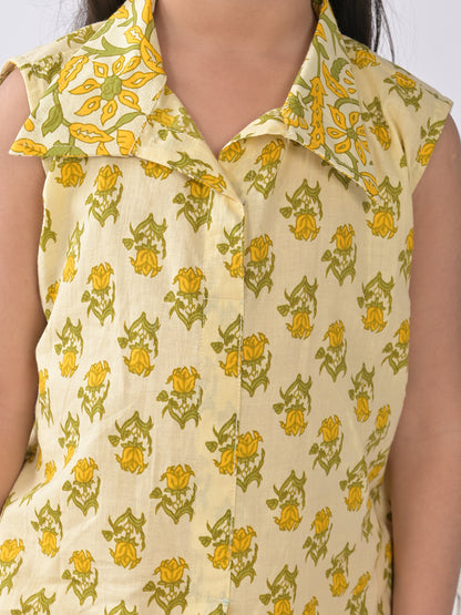 Yellow Floral shirt style Kurti with yellow katha dhoti